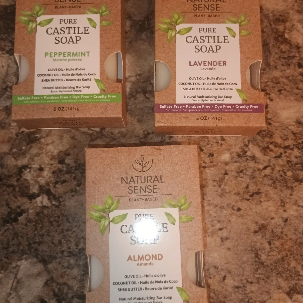 Natural castile soap bundle of three peppermint lavender almond. Sulfate-free 3